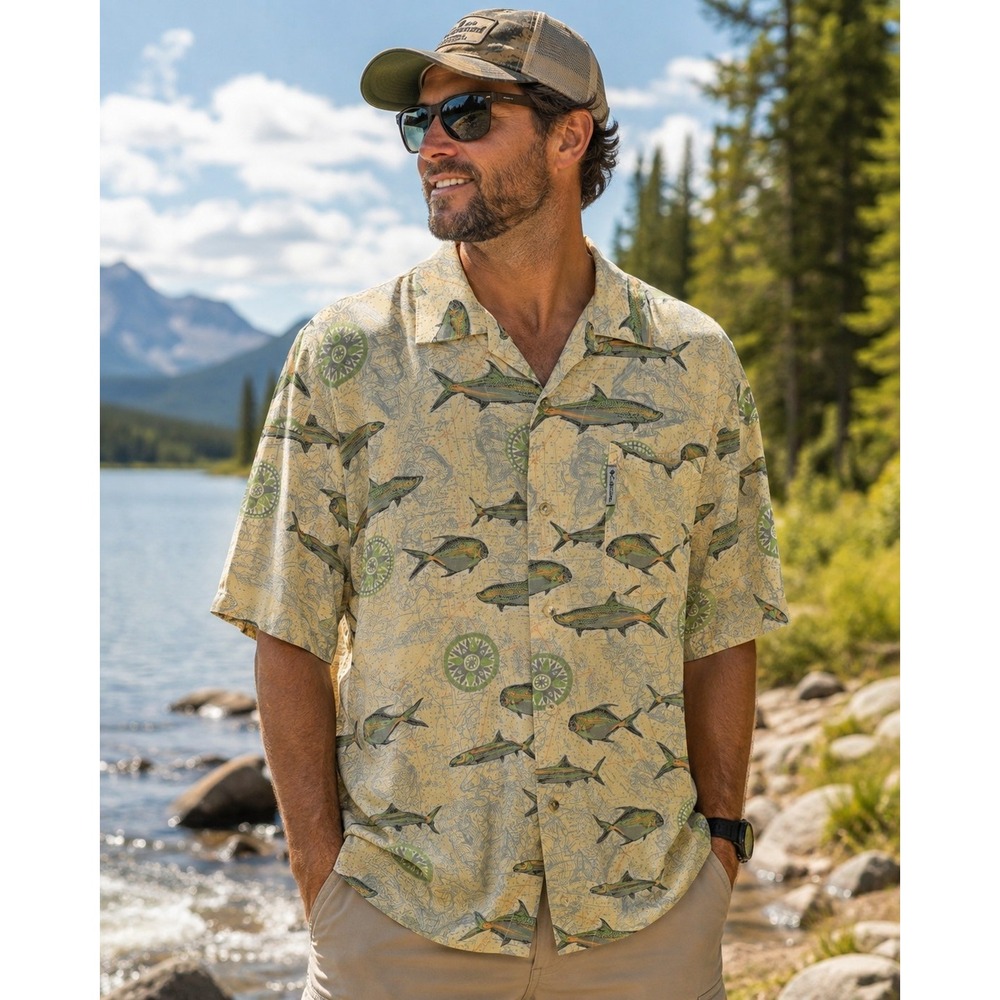 Columbia Sportswear Mens XL Fish Map Rayon Hawaiian Camp Shirt Fishing Vtg -378